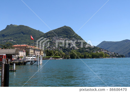 Switzerland Lugano Lake Lugano and Mount Brè Switzerland Lugano Lake Lugano and Mount Brè 86686470
