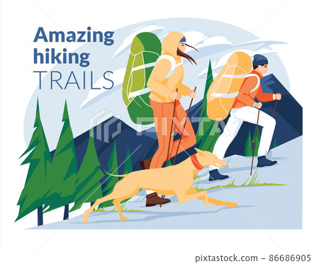 Hiking poster. A couple of young people with a dog climb a mountain with backpacks against the backdrop of a mountain landscape with a coniferous forest. flat vector illustration 86686905