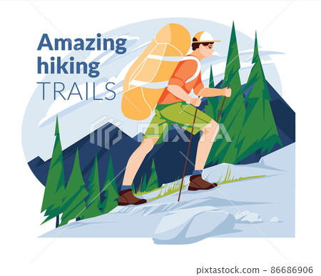 Hiking poster. A young man climbs a mountain with a backpack on the background of a mountain landscape with a coniferous forest. flat vector illustration 86686906