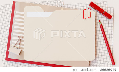 Document folder and office supplies such as red pencil, paper clip placed on work desk. Space for banner and logo background. 3D Render. Document folder and office supplies such as red pencil, paper clip placed on work desk. Space for banner and logo background. 3D Render. 86686915