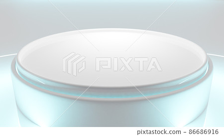 Silver podium stand glistened in white room with sparkling lights. Futuristic wall scene. 3d Render. Silver podium stand glistened in white room with sparkling lights. Futuristic wall scene. 3d Render. 86686916
