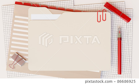 Document folder and office supplies such as red pencil, paper clip placed on work desk. Space for banner and logo background. 3D Render. Document folder and office supplies such as red pencil, paper clip placed on work desk. Space for banner and logo background. 3D Render. 86686925