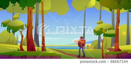 Hiker man in forest on river shore 86687104