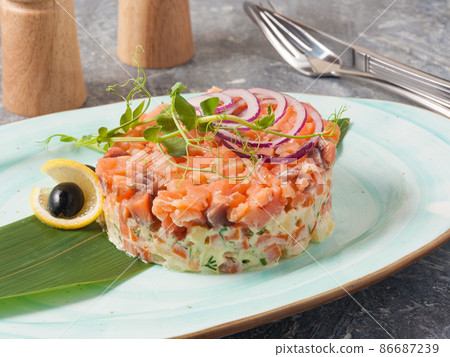 salad with salmon, potatoes and carrots, dressed with mayonnaise salad with salmon, potatoes and carrots, dressed with mayonnaise 86687239