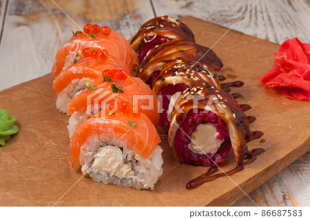 assorted rolls with salmon eel and cream cheese 86687583