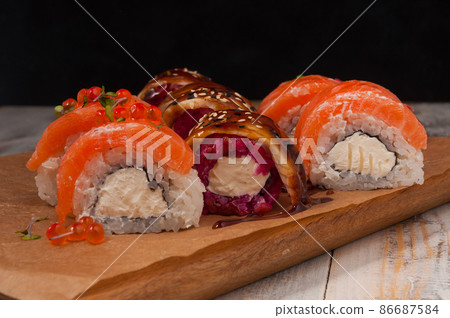 assorted rolls with salmon eel and cream cheese assorted rolls with salmon eel and cream cheese 86687584