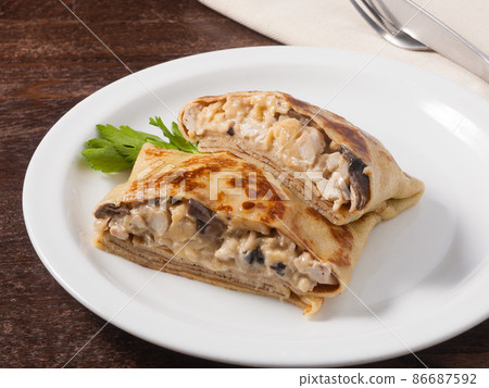 hot pancake with chicken mushrooms and cheese hot pancake with chicken mushrooms and cheese 86687592