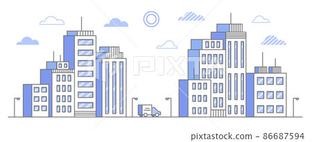 Suburban neighborhood city landscape. Skyscraper houses on the skyline. Homes near the road. Outline vector illustration. Suburban neighborhood city landscape. Skyscraper houses on the skyline. Homes near the road. Outline vector illustration. 86687594