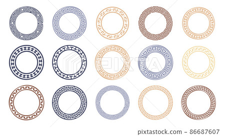 Circle greek frames. Round meander borders. Decoration elements patterns. Vector illustration isolated on white background. 86687607