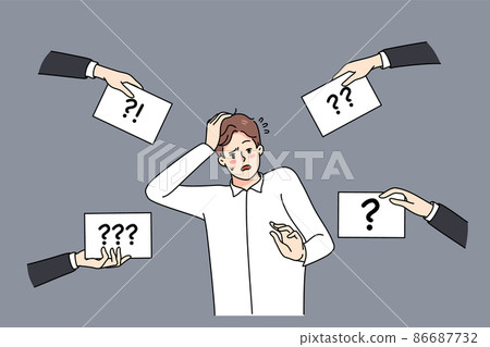 Confused man feel frustrated with question marks around Confused man feel frustrated with question marks around 86687732