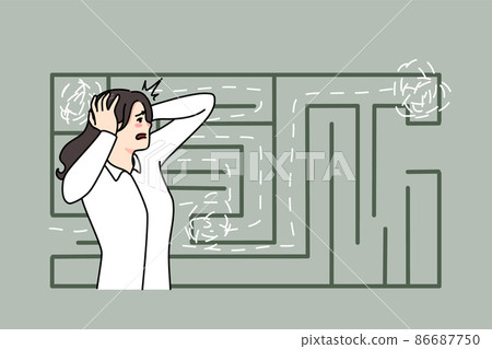 Anxious woman confused by finding way in labyrinth  86687750