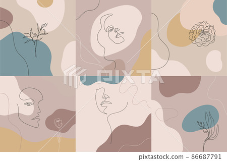 Vector beauty backgrounds, social media stories, posts feed layouts. Set of illustrations with one line continuous woman face and leaves, flowers. Contemporary collage with spots, square shape Vector beauty backgrounds, social media stories, posts feed layouts. Set of illustrations with one line continuous woman face and leaves, flowers. Contemporary collage with spots, square shape 86687791