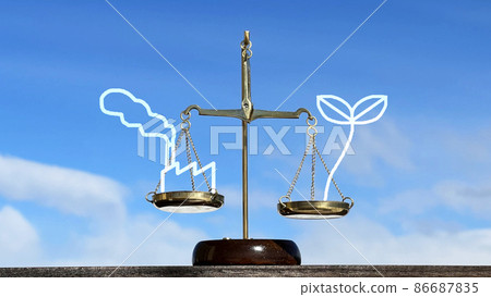 Gold balance, factory, leaf illustration and blue sky Gold balance, factory, leaf illustration and blue sky 86687835