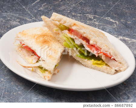 sandwich or toast with chicken breast and vegetables. Concept 86687892