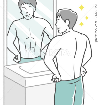 A man who poses in front of a mirror and is fascinated by his muscles A man who poses in front of a mirror and is fascinated by his muscles 86688151