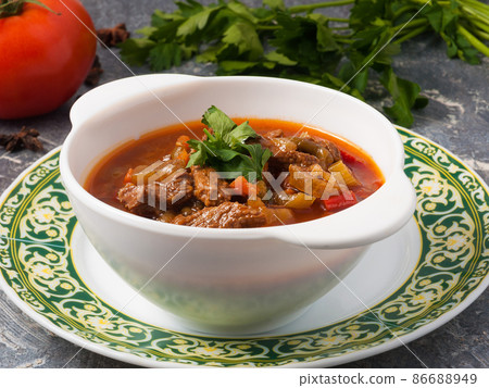 tasty traditional Asian lagman soup. Close up 86688949