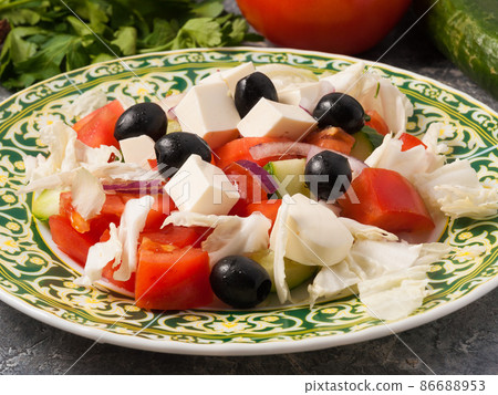 classic Greek salad with vegetables and feta. Close up classic Greek salad with vegetables and feta. Close up 86688953