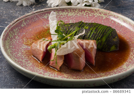 tasty avocado with fried tuna. Horizontal frame tasty avocado with fried tuna. Horizontal frame 86689341