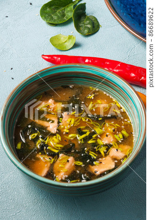 Asian soup with salmon and nori seaweed Asian soup with salmon and nori seaweed 86689622