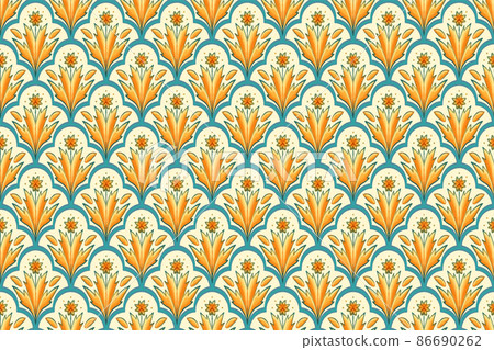 Yellow, Green Teal on Ivory. Geometric ethnic oriental pattern traditional Design for background,carpet,wallpaper,clothing,wrapping,Batik,fabric, vector illustration embroidery style 86690262