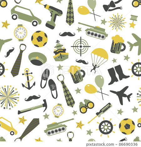 Seamless vector pattern of military icons on a white background. Wrapping paper. Defender of the Fatherland Day - Russian national holiday on 23 February. 86690336