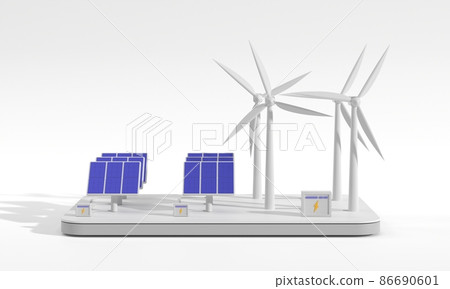 Wind turbines, solar panels and battery bank isolated on white background, isometric 3d render, front view. Alternative renewable power generation, electricity production, green energy concept 86690601