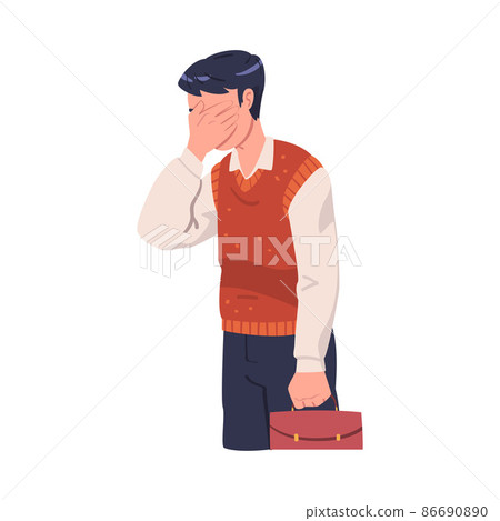 Young Busy Man Office Worker in Stress Feeling Tired and Exhausted Vector Illustration Young Busy Man Office Worker in Stress Feeling Tired and Exhausted Vector Illustration 86690890