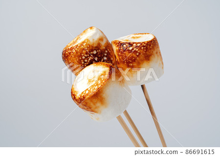 Roasted Marshmallow on a stick, isolated on a white background. Roasted Marshmallow on a stick, isolated on a white background. 86691615