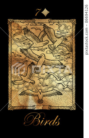 Birds card from the oracle Old Marine Lenormand deck with flying gulls and waves. Nautical vintage background with grunge paper texture, pirate adventures concept. Birds card from the oracle Old Marine Lenormand deck with flying gulls and waves. Nautical vintage background with grunge paper texture, pirate adventures concept. 86694126