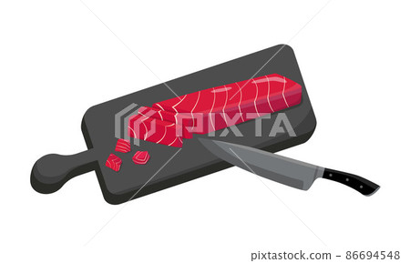 Tuna fish fillet steak with cutting board, knife. Vector stock illustration isolated on white background for recipe book, restaurant menu, packaging design. EPS10 Tuna fish fillet steak with cutting board, knife. Vector stock illustration isolated on white background for recipe book, restaurant menu, packaging design. EPS10 86694548