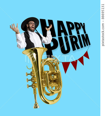 Bright contemporary art collage with happy young orthodox jewish man during festival purim. Holiday, celebration, tradition, ad concept. Bright contemporary art collage with happy young orthodox jewish man during festival purim. Holiday, celebration, tradition, ad concept. 86695131