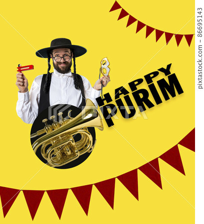 Bright contemporary art collage with happy young orthodox jewish man during festival purim. Holiday, celebration, tradition, ad concept. 86695143