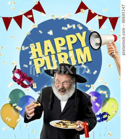 Contemporary art collage with portrait of happy senior orthodox jewish man during festival purim. Holiday, celebration, tradition, ad concept. 86695147