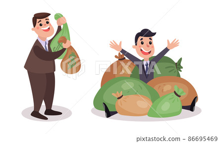 Rich Businessman Character Among Sacks with Dollar Banknotes Vector Illustration Set Rich Businessman Character Among Sacks with Dollar Banknotes Vector Illustration Set 86695469