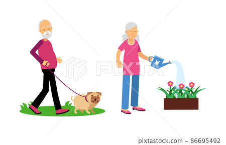 Aged Man and Woman Pensioner Character Engaged in Daily Activity Vector Illustration Set Aged Man and Woman Pensioner Character Engaged in Daily Activity Vector Illustration Set 86695492