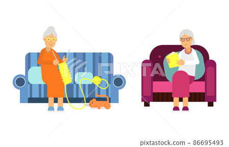 Aged Woman Pensioner Character Engaged in Daily Activity Vector Illustration Set Aged Woman Pensioner Character Engaged in Daily Activity Vector Illustration Set 86695493