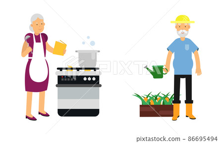 Aged Man and Woman Pensioner Character Engaged in Daily Activity Vector Illustration Set Aged Man and Woman Pensioner Character Engaged in Daily Activity Vector Illustration Set 86695494