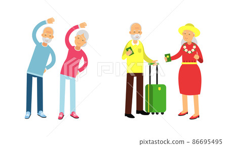 Aged Man and Woman Pensioner Character Engaged in Daily Activity Vector Illustration Set Aged Man and Woman Pensioner Character Engaged in Daily Activity Vector Illustration Set 86695495
