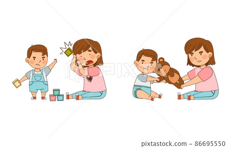 Warring Sister and Her Little Brother Pulling Teddy Bear Apart and Throwing Toy Cubes as Family Relations Vector Illustration Set Warring Sister and Her Little Brother Pulling Teddy Bear Apart and Throwing Toy Cubes as Family Relations Vector Illustration Set 86695550