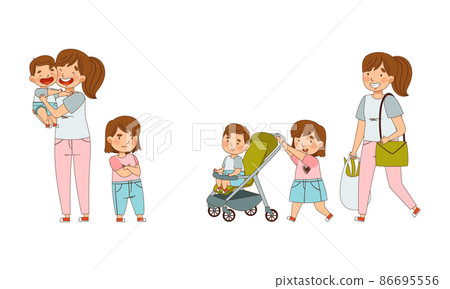 Family Relations with Jealous Sister Standing Near Mother and Pushing Baby Carriage Vector Illustration Set 86695556