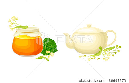 Linden or Tilia Cordata Honey in Jar and Brewing Tea in Teapot with Blossom Nearby Vector Set 86695573