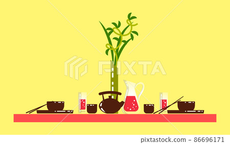 Table with Chinese Food, Served Plates and Teapot 86696171