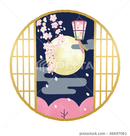 Round window cherry blossoms and full moon cherry blossom viewing background Round window cherry blossoms and full moon cherry blossom viewing background 86697061