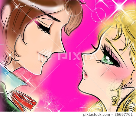 Illustration of a blonde vertical roll princess staring at a handsome prince in the 70's shojo manga 86697761