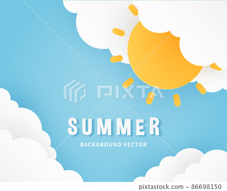 Summer banner background. Fluffy clouds and sun on blue sky background. Paper cut style. Vector illustration. Summer banner background. Fluffy clouds and sun on blue sky background. Paper cut style. Vector illustration. 86698150