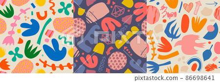 Vector set of creative doodle art seamless patterns with different shapes and textures. Collage style, abstract background. Vector set of creative doodle art seamless patterns with different shapes and textures. Collage style, abstract background. 86698641