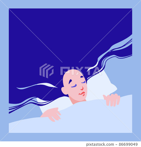 Young woman sleeps in bed. Girl in pajama sleeping on pillow under blanket. Young woman sleeps in bed. Girl in pajama sleeping on pillow under blanket. 86699049
