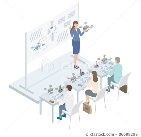 Isometric illustrations of male and female teachers attending school to qualify as drone pilots 86699289