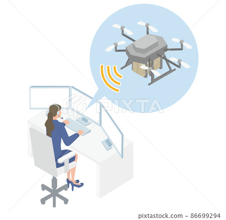 Female operator monitoring drone deliveries from the office Female operator monitoring drone deliveries from the office 86699294