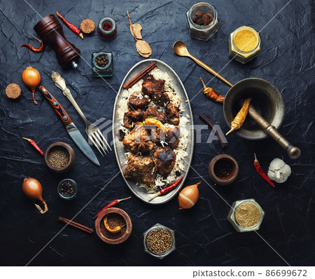 Vindaloo, meat in fried spices. Vindaloo, meat in fried spices. 86699672